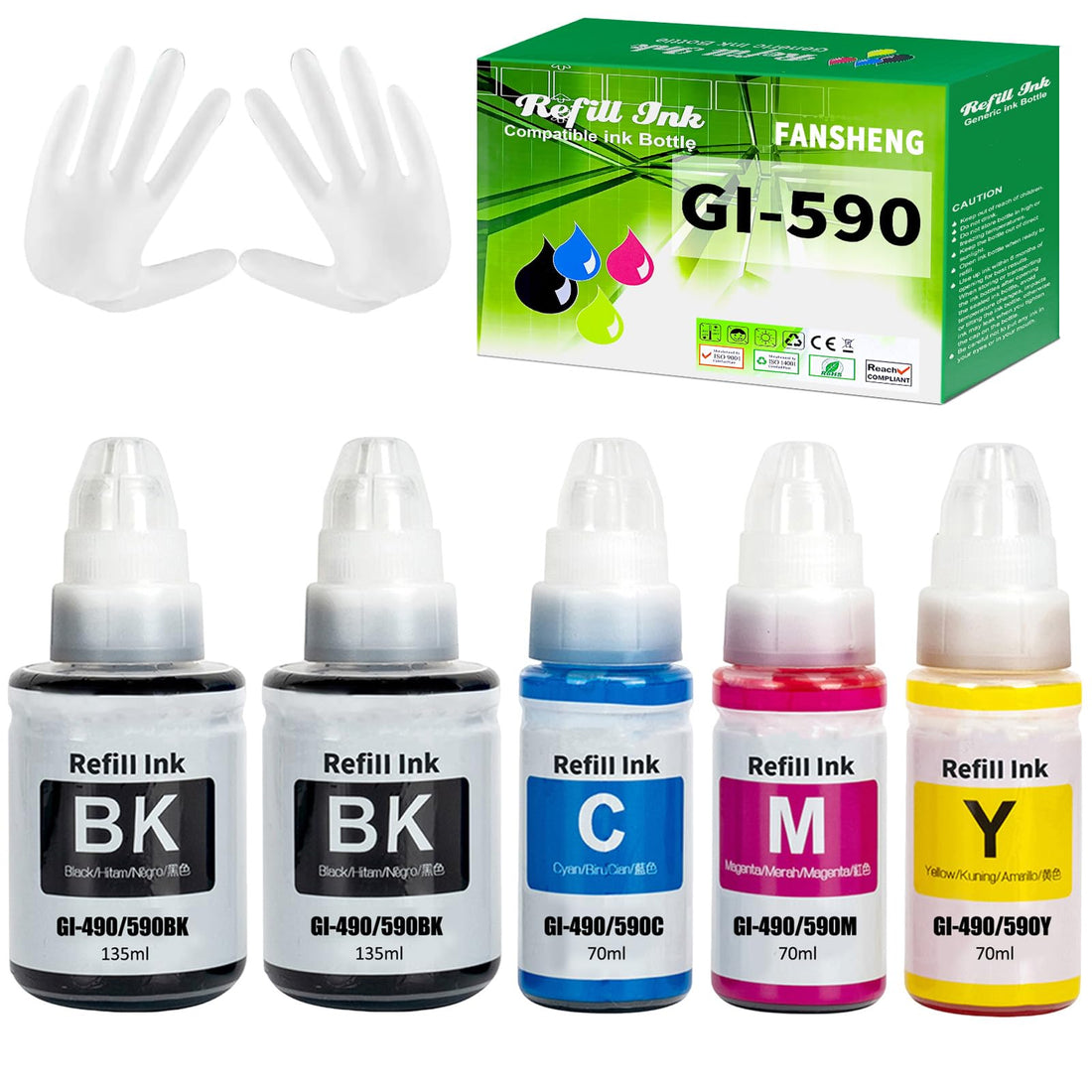 GI590 GI490 Ink Compatible with Canon GI-590 GI-490 ink refill bottles for Pixma G1000 G1400 G1500 G2000 G2400 G2500 G3000 G3400 G3500 G4500 (5 Pack 2Black/ Cyan/Magenta/Yellow)