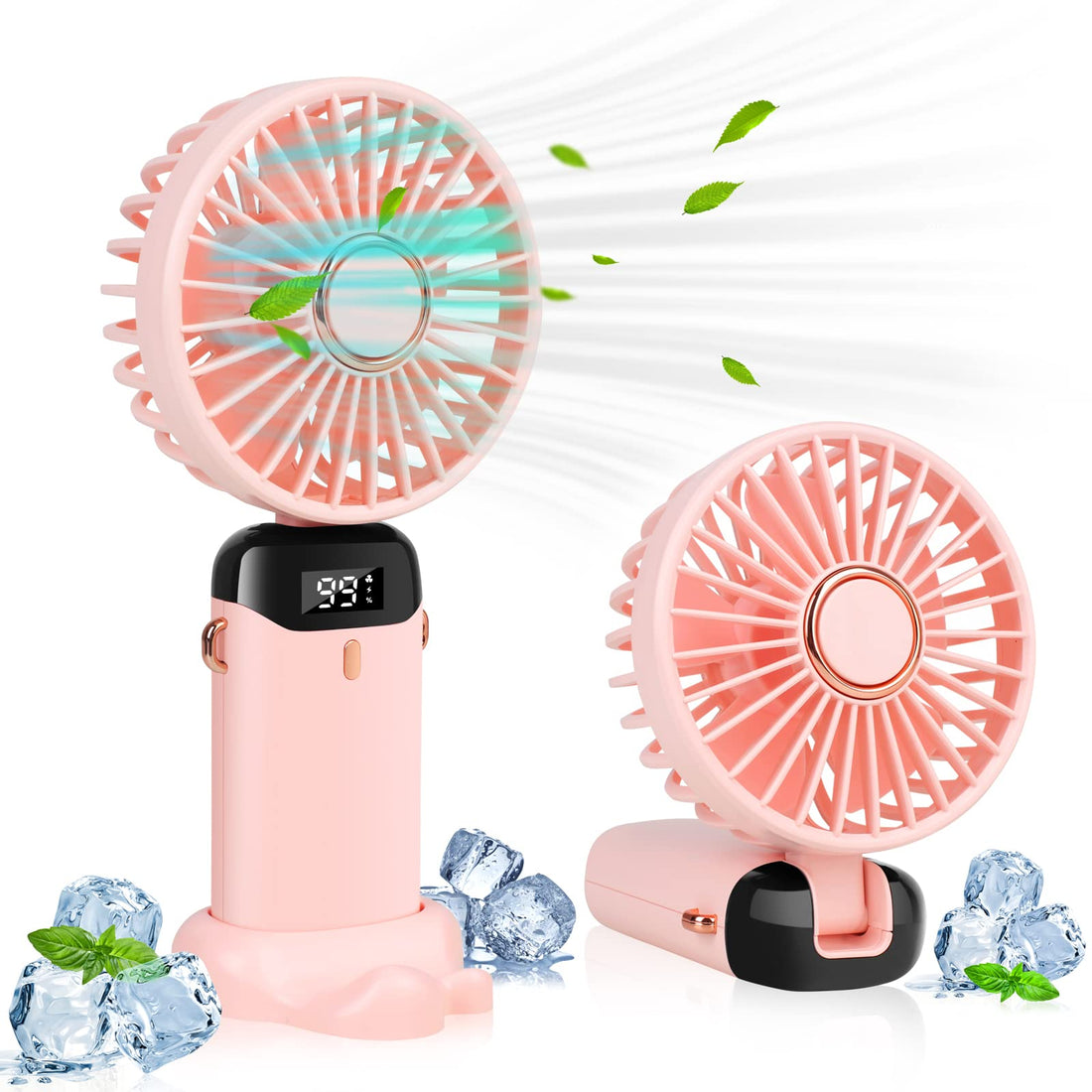 LYMYBETY Portable Handheld Fan, 4000mAh Mini USB Rechargeable Fan with Digital Display, Small Personal Pocket Fan with 5 Speeds, Foldable Desk Fan with Lanyard and Base for Home Travel Outdoor (Pink)