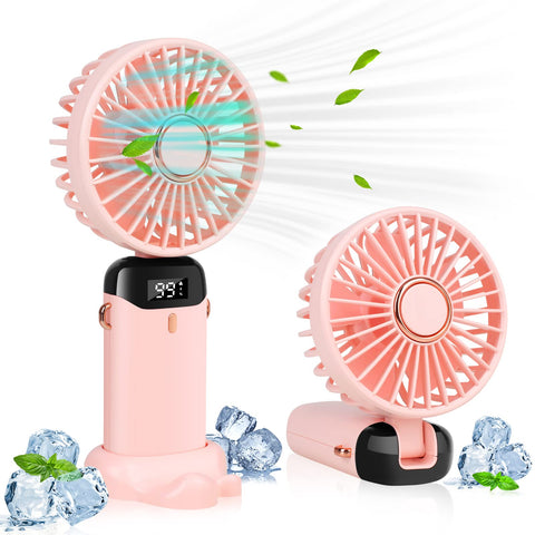 LYMYBETY Portable Handheld Fan, 4000mAh Mini USB Rechargeable Fan with Digital Display, Small Personal Pocket Fan with 5 Speeds, Foldable Desk Fan with Lanyard and Base for Home Travel Outdoor (Pink)
