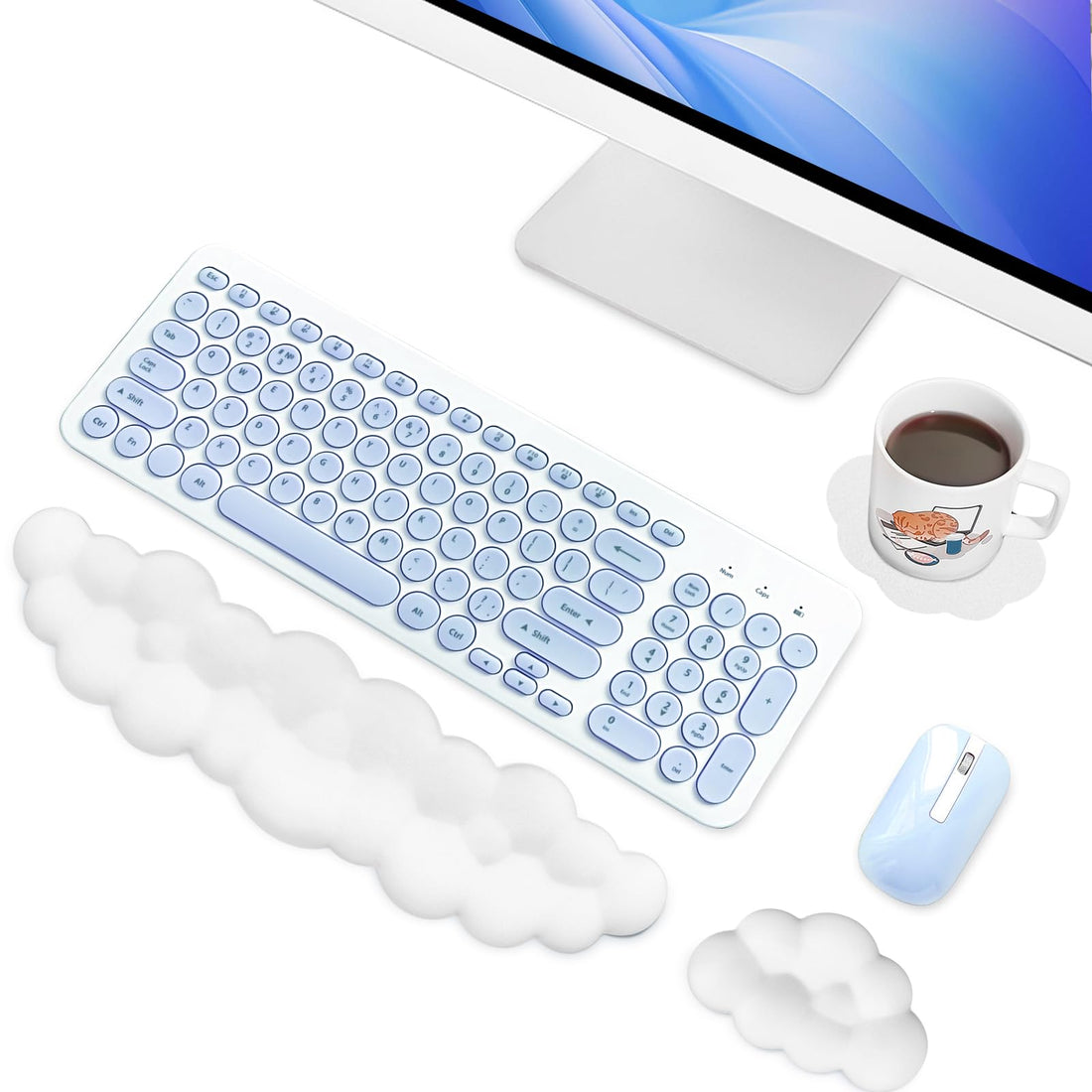 Cloud Keyboard Wrist Rest, 3pcs Keyboard Mouse Wrist Rest with Cup Pad, Soft Memory Anti-Skid Ergonomic Wrist Support Keyboard, Gaming Keyboard Hand Arm Rest for Home Office Computer (White)