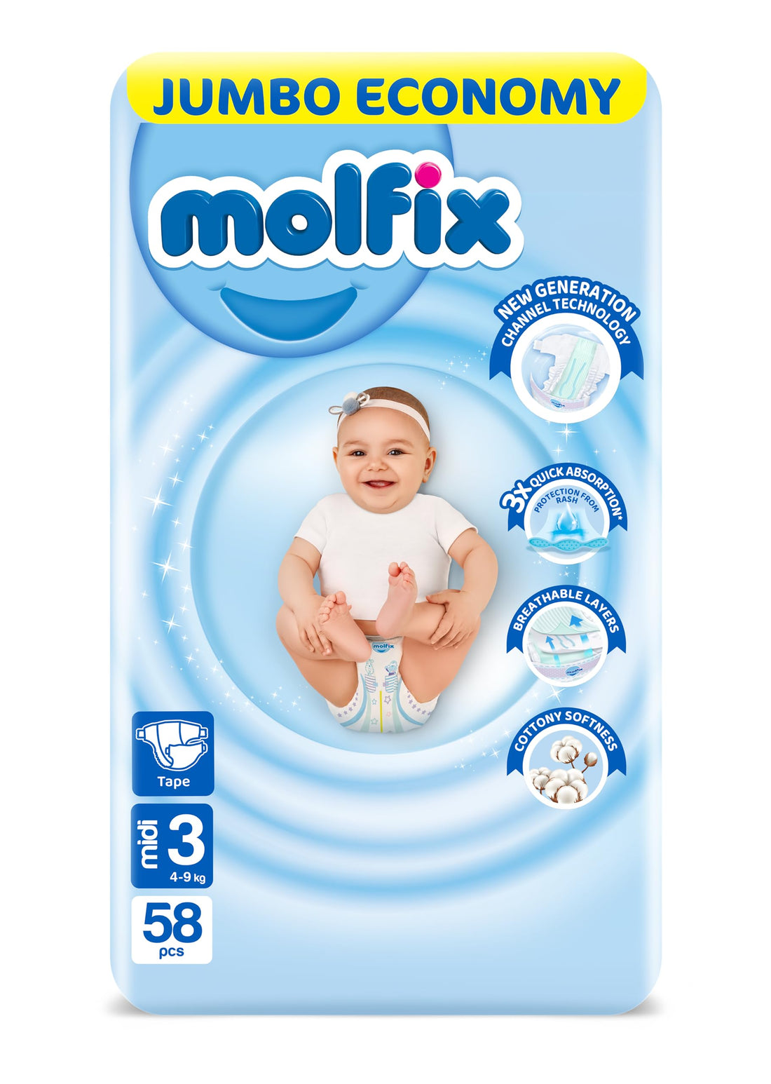 Molfix Baby Diaper Open Size 3, Jumbo Pack, 4-9 KG, 58 Units, Molfix Open Diapers, Size 3, 4-9KG, Jumbo Pack, 58 Count, Cotton Material