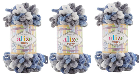 Alize Puffy Color Baby Blanket - Big Loop Lot of 3, 300gr, 30yds, 100% Micropolyester Soft Yarn, Super Chunky Bulky Worested Yarn