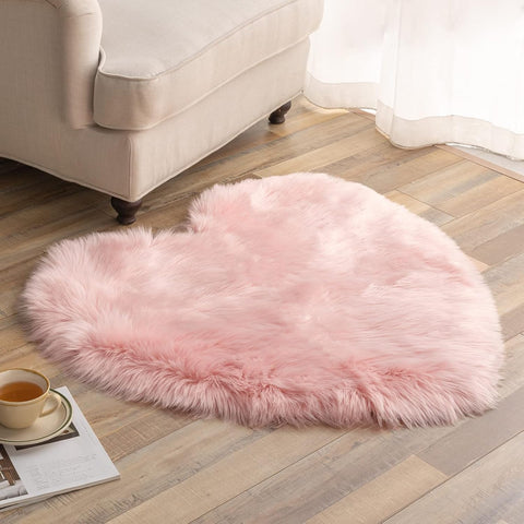 Heart Shaped Area Rug 3 x 3 Feet, Faux Sheepskin Fur Rug Fluffy Shaggy Rug, Light Pink Soft Plush Decorative Machine Washable Carpets for Bedroom Living Room and Sofa