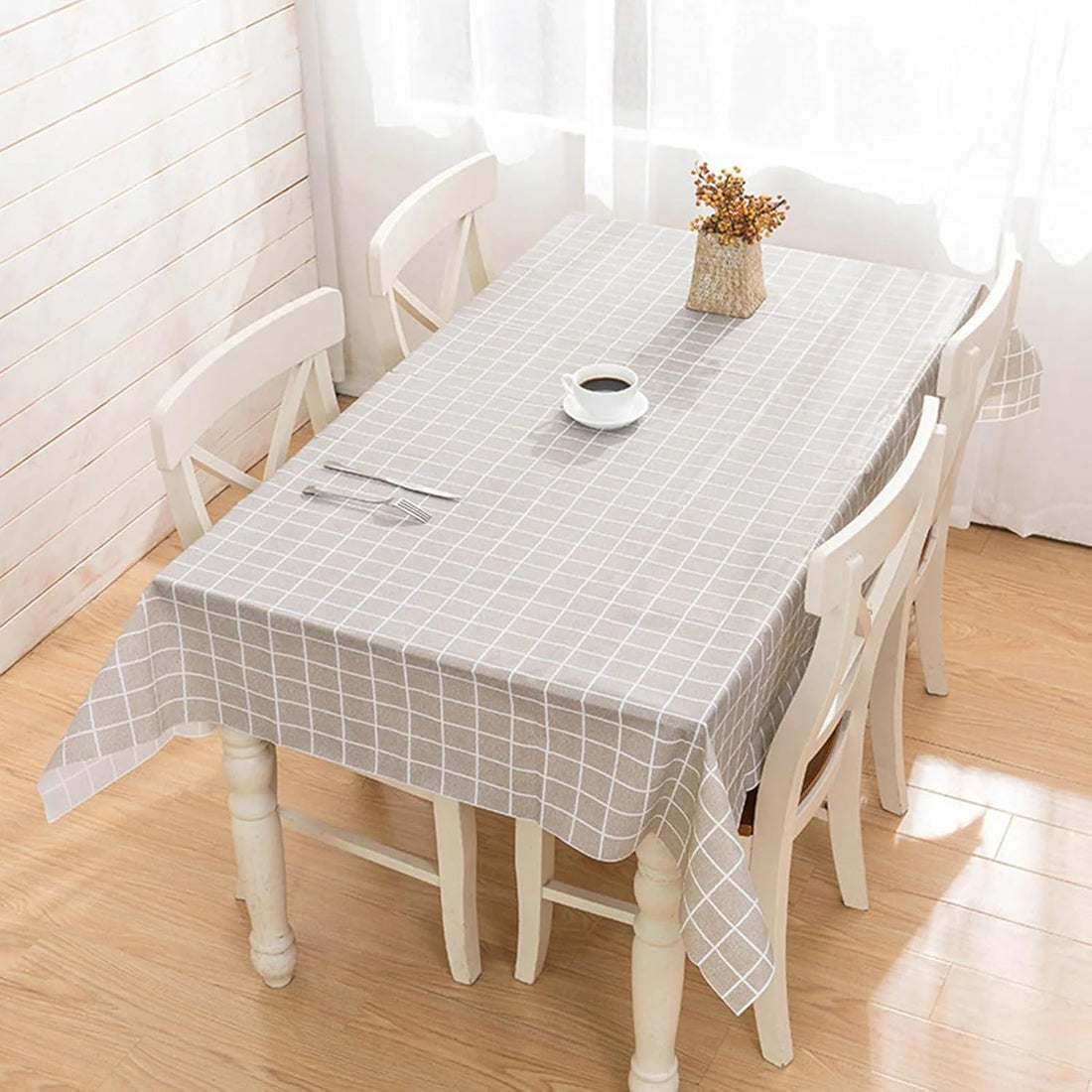 Plan A Dining Table Cover Heavy Duty Waterproof Oil-Proof Stain Resistant Checkered Geometric Table Cloth Non-Slip Table Cover for Dining Table Kitchen Coffee Table Office (180x140) (Beige)