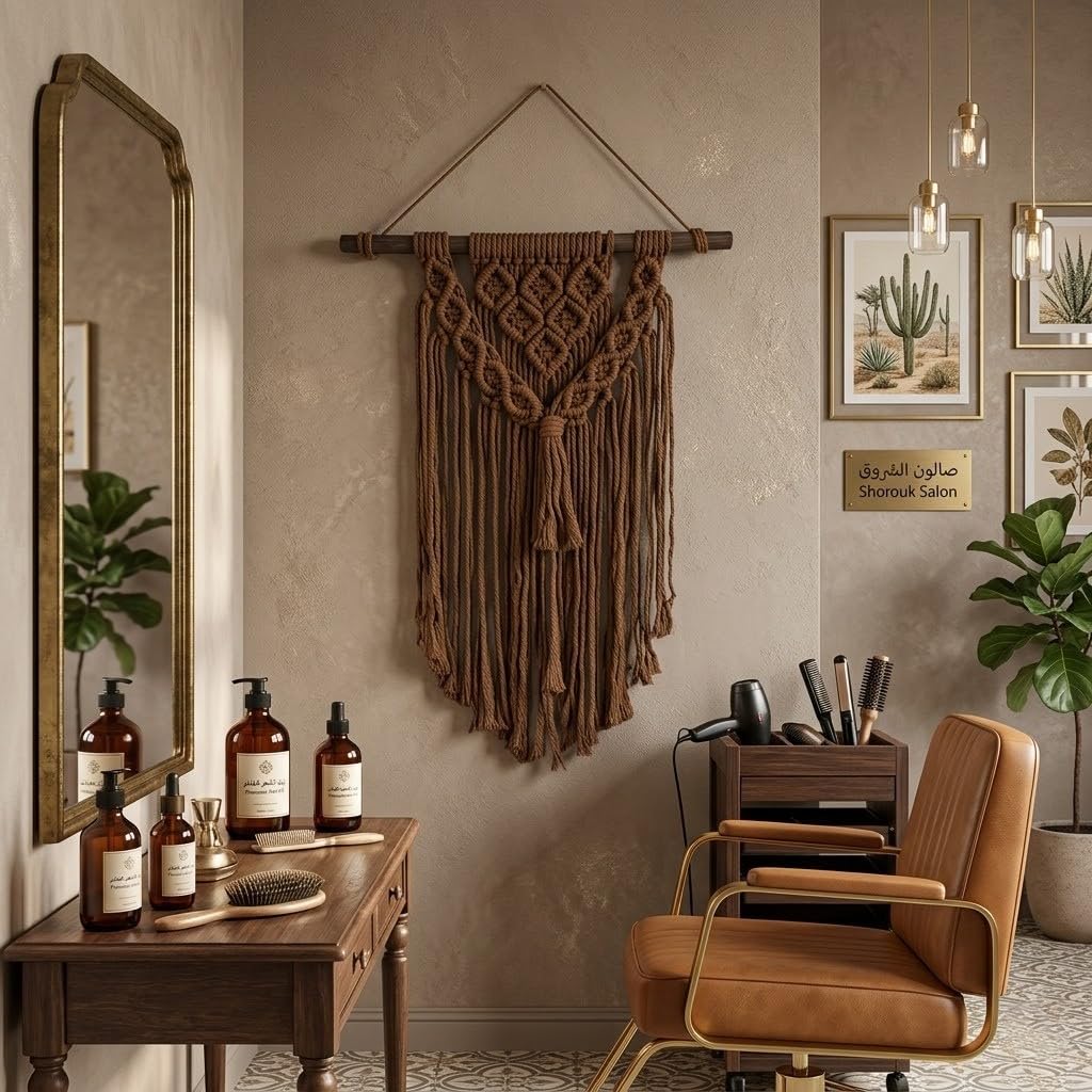 Handcrafted Macrame Wall Hanging, Cotton Woven Tapestry, 40x60 cm, Boho Home Decor with Wooden Rod (Brown)