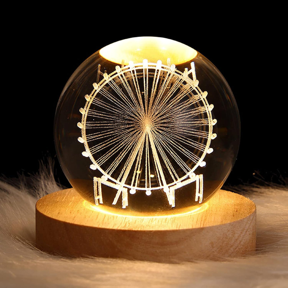 3D Ferris Wheel Crystal Ball Night Light, LED Ferris Ball Night Light with Wooden Base, Moon Planet Lamp for Boys Girls Family and Friends (Ferris Wheel)