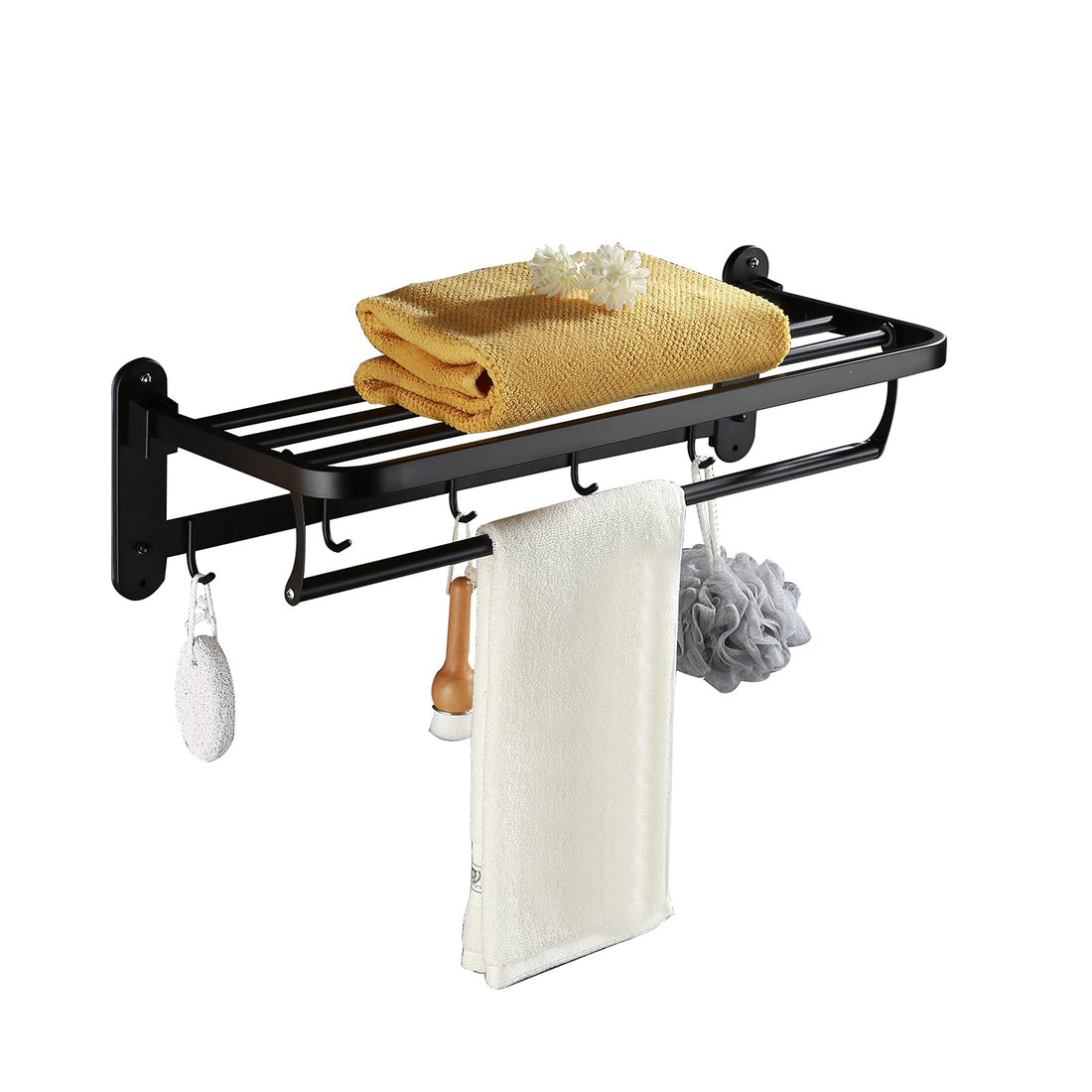 24 Inch Bathroom Shelf with Foldable Towel Bar Holder and 5 Towel Hooks Double Towel Rack for Bathroom Wall Mounted SUS304 Stainless Steel No Rust Matte Black Double Towel Bar