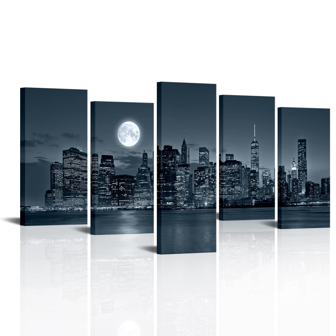VVOVV Wall Decor New York City Canvas Wall Art Prints Manhattan Skyline Black and White Full Moon Landscape Home Wall Decor Pictures, Framed