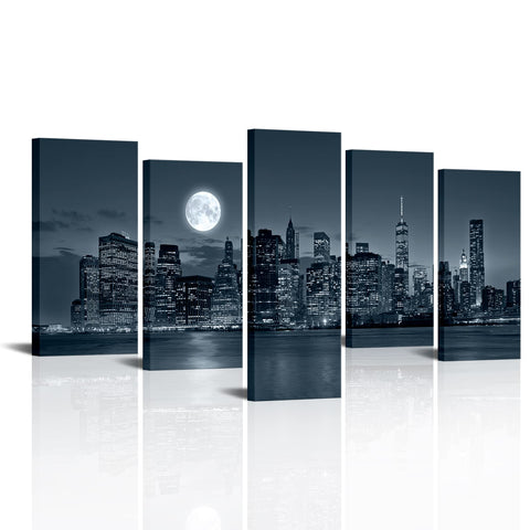 VVOVV Wall Decor New York City Canvas Wall Art Prints Manhattan Skyline Black and White Full Moon Landscape Home Wall Decor Pictures, Framed