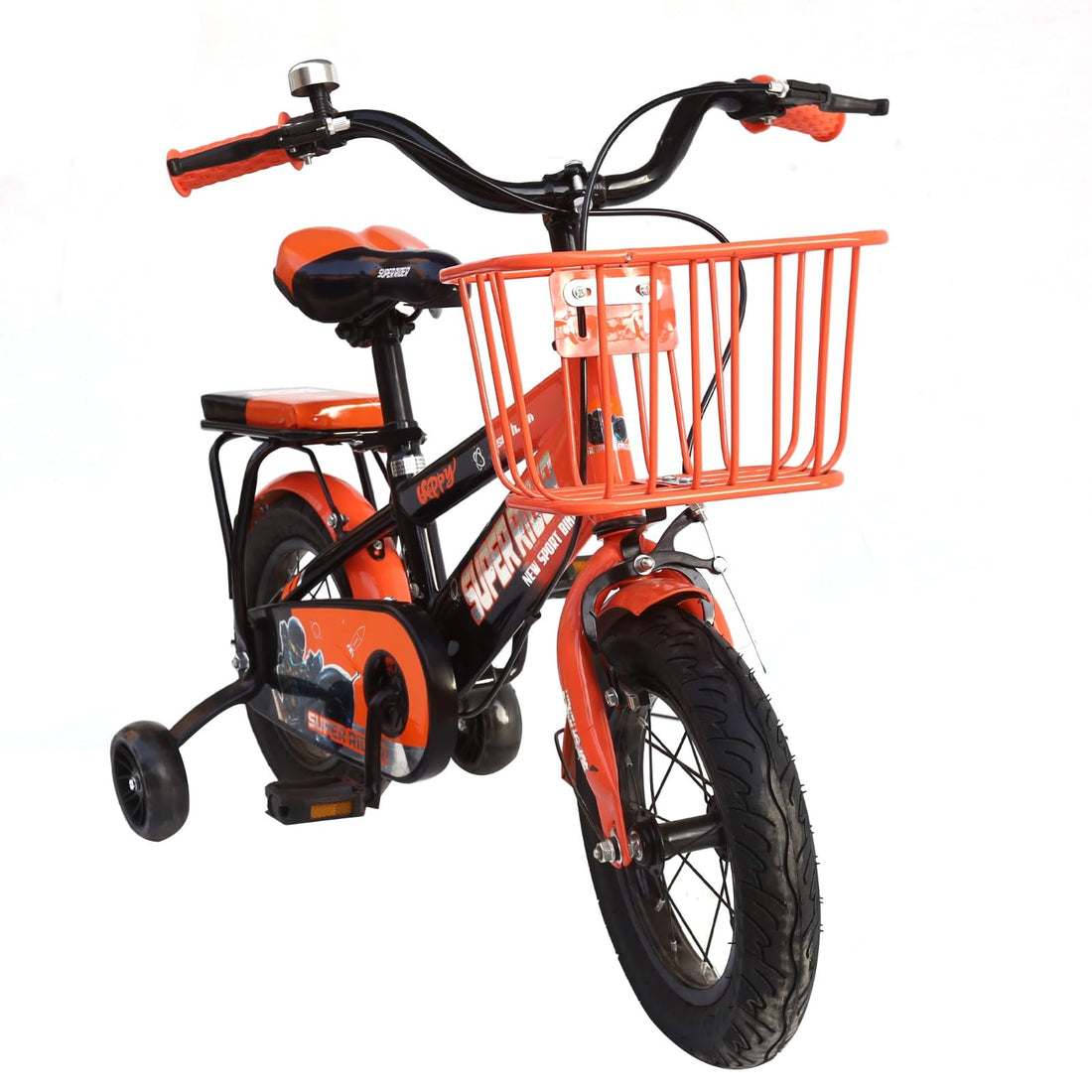 SUPER RIDER 12 Inch Kids Bike Orange with Training Wheels & Front Basket – Sold by Derby Sport