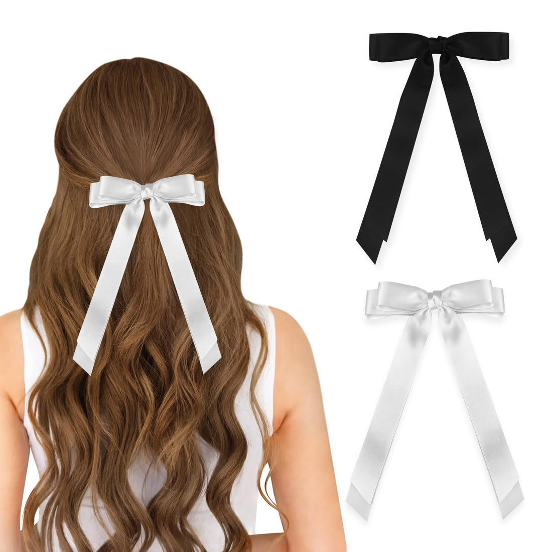 Ribbon Hair Clips for Women Cute Soft Silkly Satin Hair Bows Hair Clip Accessories 2Pcs Black White-S