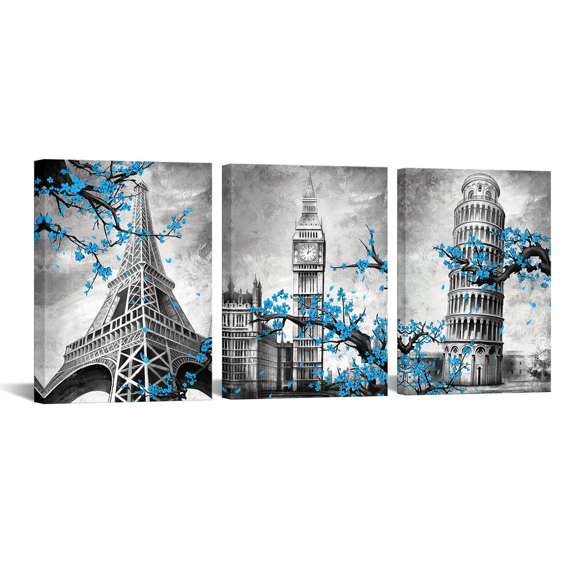 Saypeacher 3 Pieces Modern Building Canvas Wall Art Paris Eiffel Tower London Big Ben Leaning Tower Blue Flower Artwork for Home Bedroom Decor Stretched and Framed Ready to Hang 12x16inchx3pcs