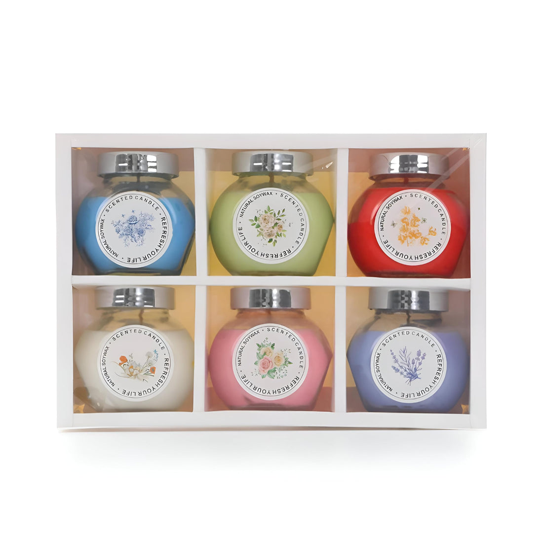 Premium Gift - 6‑Pack Scented Candle Gift Set of natural soy wax with a lavender‑rose blend, each in a clear glass jar with a silver lid, perfect for gifting elegant tranquility