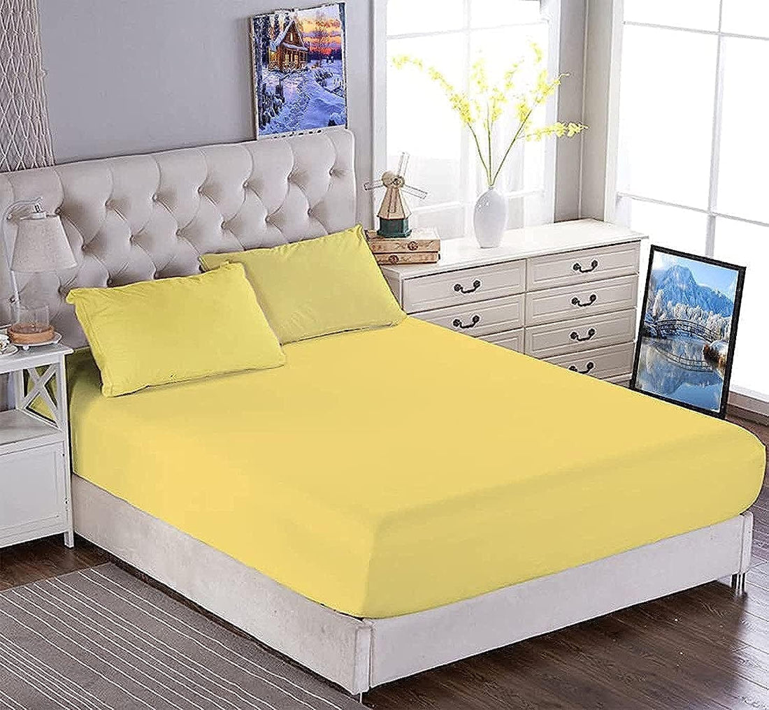 Tigers Trade Lines Elastic Bed Sheet Set for Home,Hotels & Touristic Village- 3 Piece Cotton-from Gold, Queen plus size (200 * 180cm) Mattress height 40cm