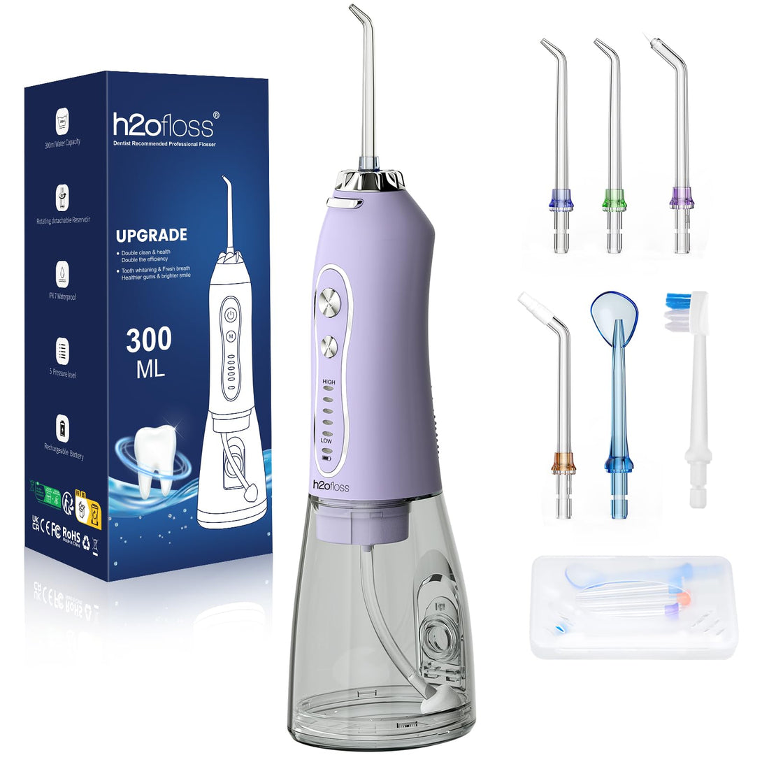 Water Dental Flosser Teeth Pick, H2ofloss Cordless Portable Oral Irrigator 300ML Rechargeable Travel Irrigation Cleaner IPX7 Waterproof WaterFlosser for Home Travel Lavender