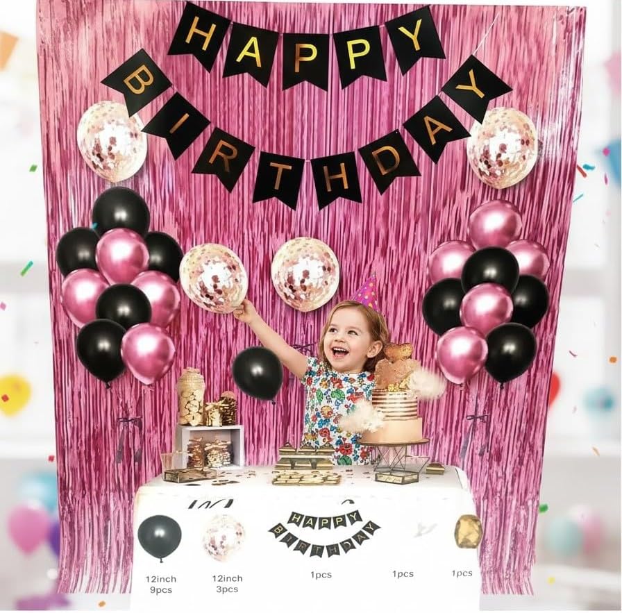 GHAZAL Happy Birthday Backdrop Garland Kit Black Pink Balloons and Paper Balls Party Decorations with Pink Foil Fringe Curtain