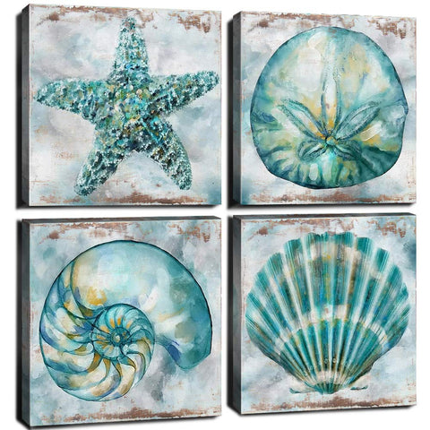 Seashell Wall Decor Farmhouse Aqua Teal Blue Beach Starfish Wall Art Bathroom Decor Coastal Kitchen Artwork Vintage Nautical Conch Sea Shells Pictures Canvas Prints Bedroom Home Decoration 12x12" 4Pcs