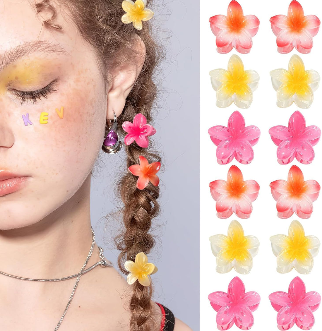 12 Pcs Plumeria Flower Hair Claw Clips - Tropical Hawaiian Flower Mini Hair Clamps for Women & Girls - Aesthetic Summer Beach Hair Accessories - Matte Non-Slip Small Hair Pins