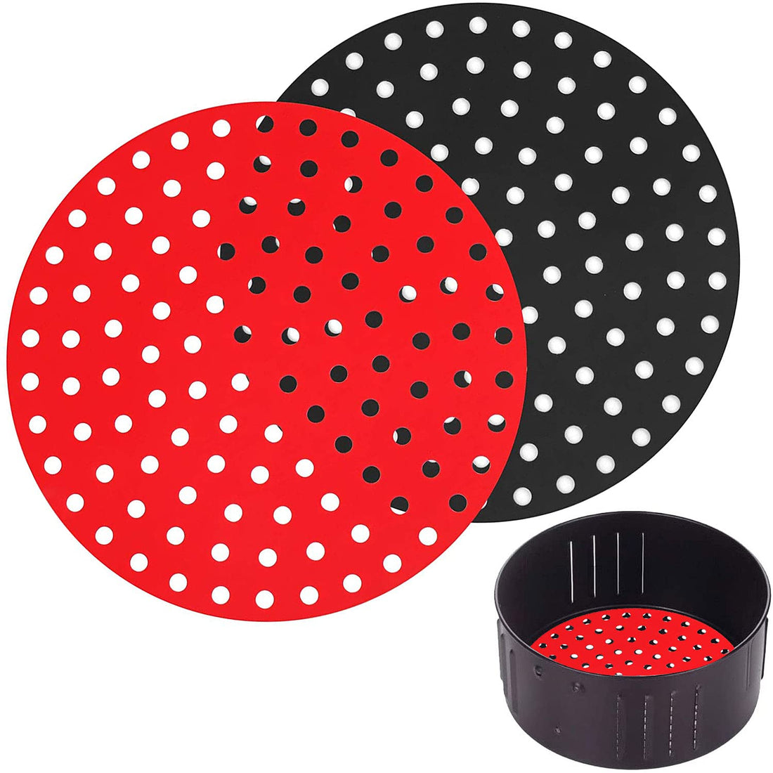 2 Pack 8.5 Inch Reusable Air Fryer Liners, Non-Stick Silicone Air Fryer Liners, Round Air Fryer Liners for Air Fryer, Kitchen Accessories, Food Making (8.5 Inch Square) (Red & Black)