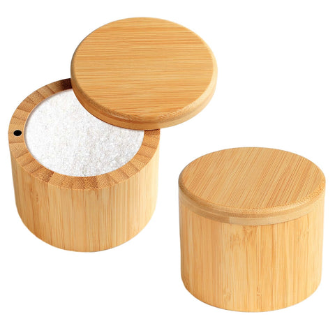 DEBETOOL 2 Piece Salt Box for Pepper Spice And Bath Salt Sea Salt - Natural Bamboo Salt Cellar with Magnetic Swivel Lid, Round Salt Holder for Kitchen Pepper Storage