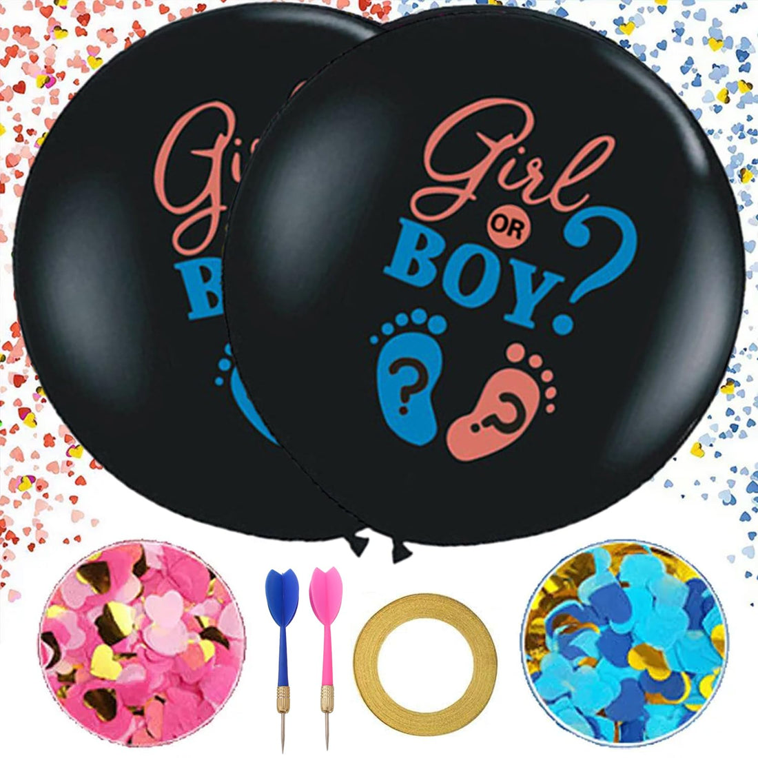 Pack of 2 Gender Reveal Balloons, 36 Inch Large Boy or Girl Balloon with Pink and Blue Confetti, Dart, Silk Ribbon, Gender Reveal Latex Balloon for Gender Reveal Party