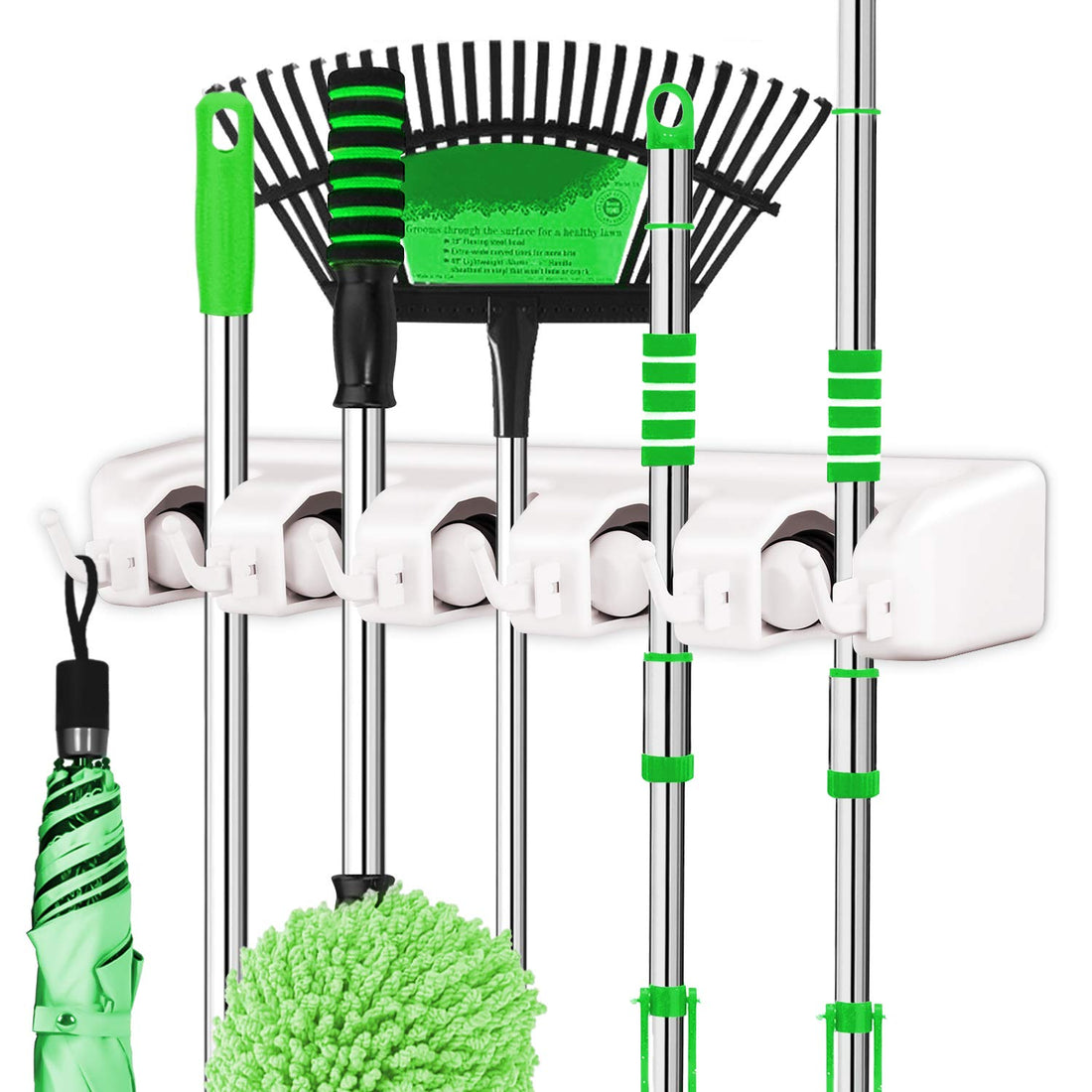 LETMY Broom Holder Wall Mounted - Mop and Broom Holder - Garage Storage Rack&Garden Tool Organizer - 5 Position 6 Hooks for Home, Kitchen, Garden, Tools, Garage Organizing