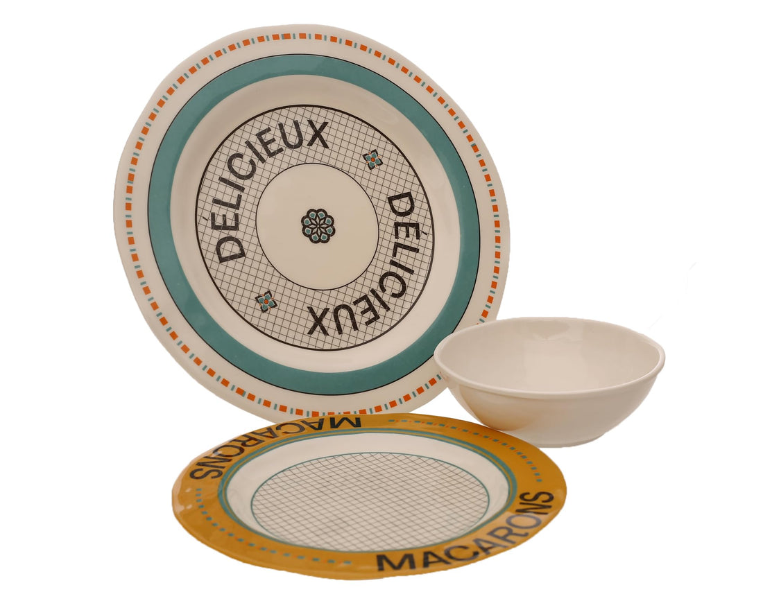CHN 18 PCS Tiles Dinnerware Set 6 Dinner Plates 28cm 6 Dessert Plates 23cm & 6 Bowls 15cm 100% Pure Melamine Durable BPA Free Dishwasher Safe