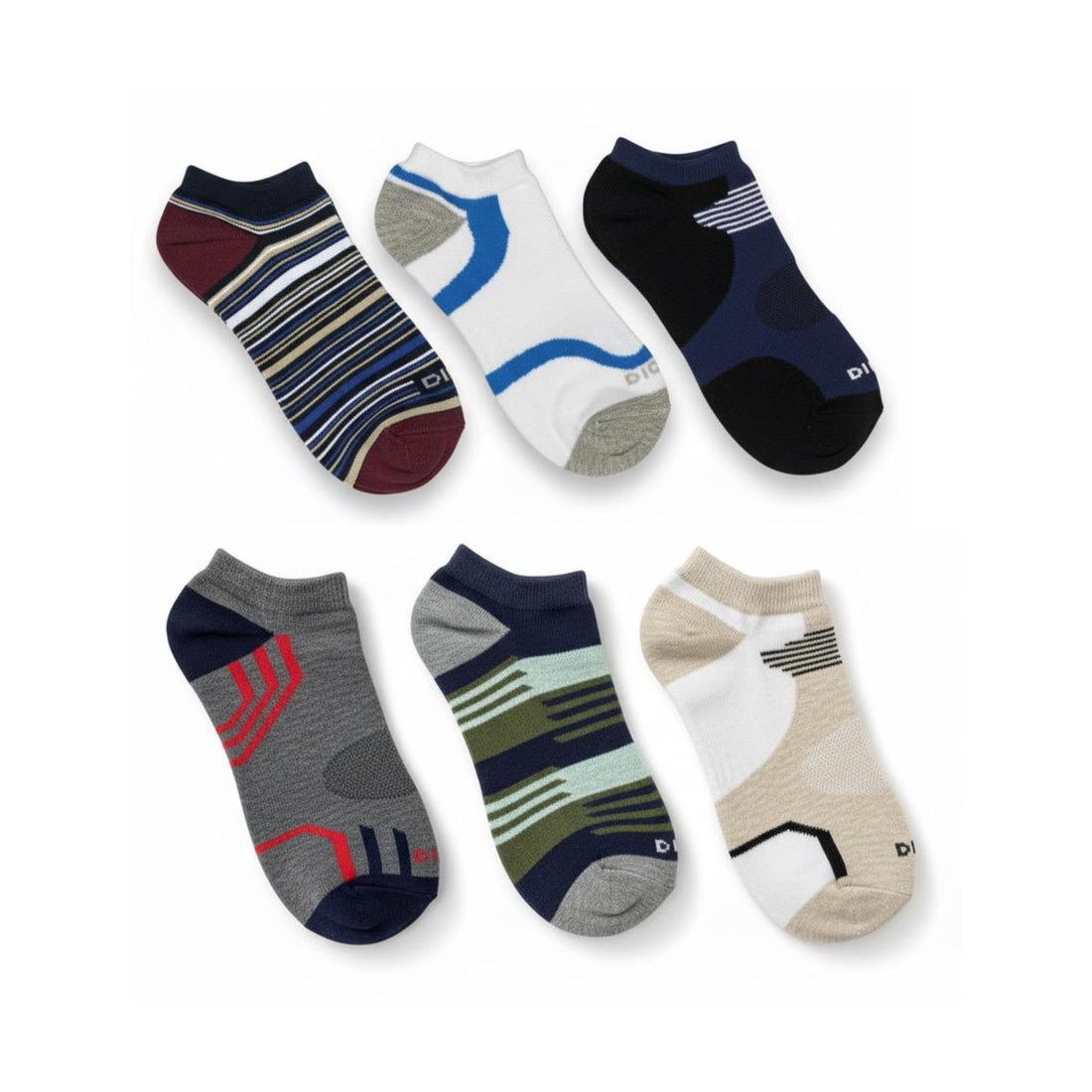 Dice Men's Socket Socks, 6 Pairs, Navy Blue White Gray Striped Pattern, Comfort Cotton Blend, Ankle Length