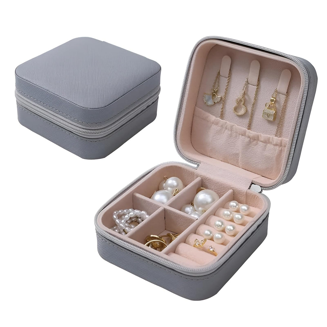 Nopatia Minimalist PU Leather Travel Jewelry Storage Box, Stylish Organizer for Earrings, Necklaces, Rings, Compact Design for Girls Travel and Daily Use (Grey)