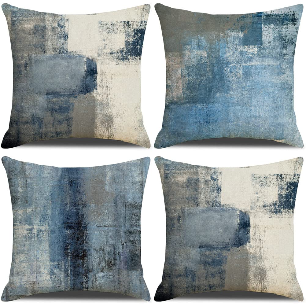 Cushion Cover Abstract Modern Decoration Blue and White Cotton and Linen Pillowcase for Sofa, Living Room, Home, 45 x 45 cm, Pack of 4
