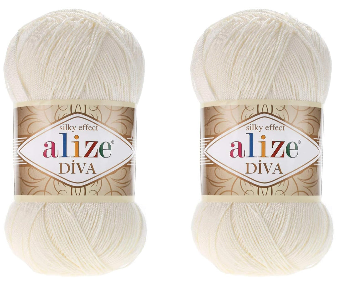 Alize Diva Hand Knitting Yarn - 100% Microfiber Acrylic With Silk Effect - Crochet Art Lace Craft - 2 Skeins, 200gr, 767 Yds (62-Light Cream)