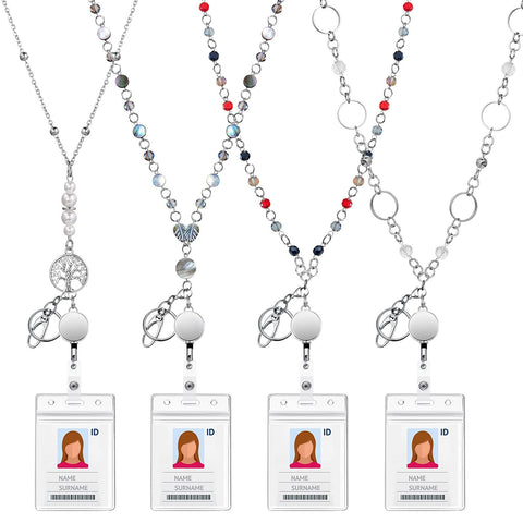 Lanyards for Id Badges Women Cute Keys Teacher Appreciation Gifts Keychain Badge Holder Necklace Silver Pretty Graduation Nurse Personalized Retractable Essential Oil Tree Life, 4 Sets
