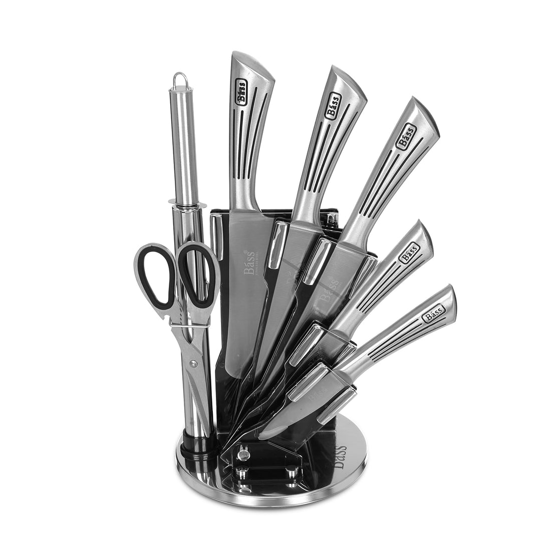 Bass Knife Block Set, 7 Pieces with Stand, Lines Stainless Steel Handle, Stainless Steel - Silver