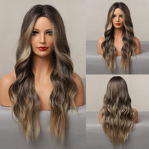 ECIF Brown Wigs For Women Long Curly Wigs Dark Brown Highlights Blonde Wig Middle Part Heat Resistant Synthetic Wig