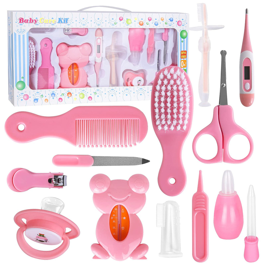 RoseFlower 13 in 1 Baby Grooming Kit, Baby Safety Care Kit with Hair Brush Comb Finger Toothbrush Nail Clipper etc, Nursery Health Care Set for Newborns Infant Girl Boy, Pink