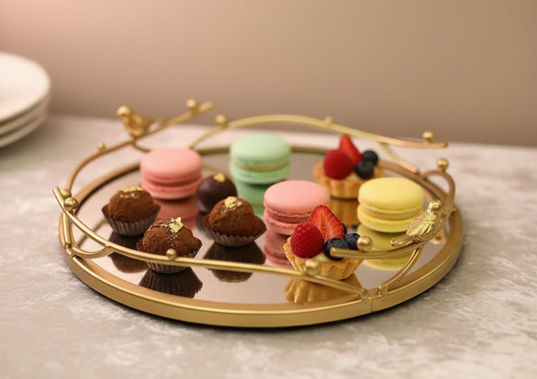 Multi-Purpose Serving Tray for Desserts & Cupcakes – Elegant Mirrored Design with Golden Birds – Perfect for Eid & Hospitality