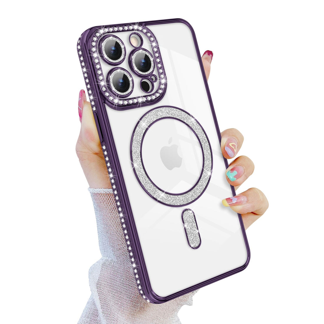 Dl3 Mobilak Magnetic Sparkly Glitter Phone Case for iPhone 13 Pro Max [Compatible with Magsafe], Camera Lens Shockproof Protector Bling Diamonds Soft TPU Cover for Girls Women - Purple