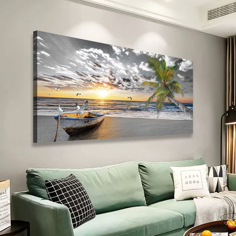 SiGuTie Canvas Wall Art Black and White Beach Palms Prints Paintings for Home Wall Decor Boat and Sunset Seascape Pictures Canvas Art for Living Room Bedroom Office Wall Decor Natural Scenery Artwork