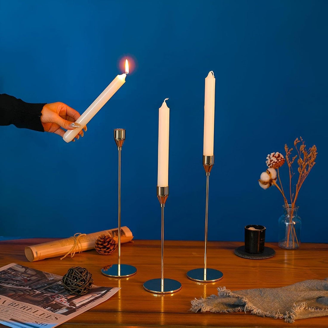 Candlestick Set - Modern Metal Design Home Decor Dining Tables, Elegant Set of 3 Modern Touch Home Decor Candle Holders Set (سيلفر)
