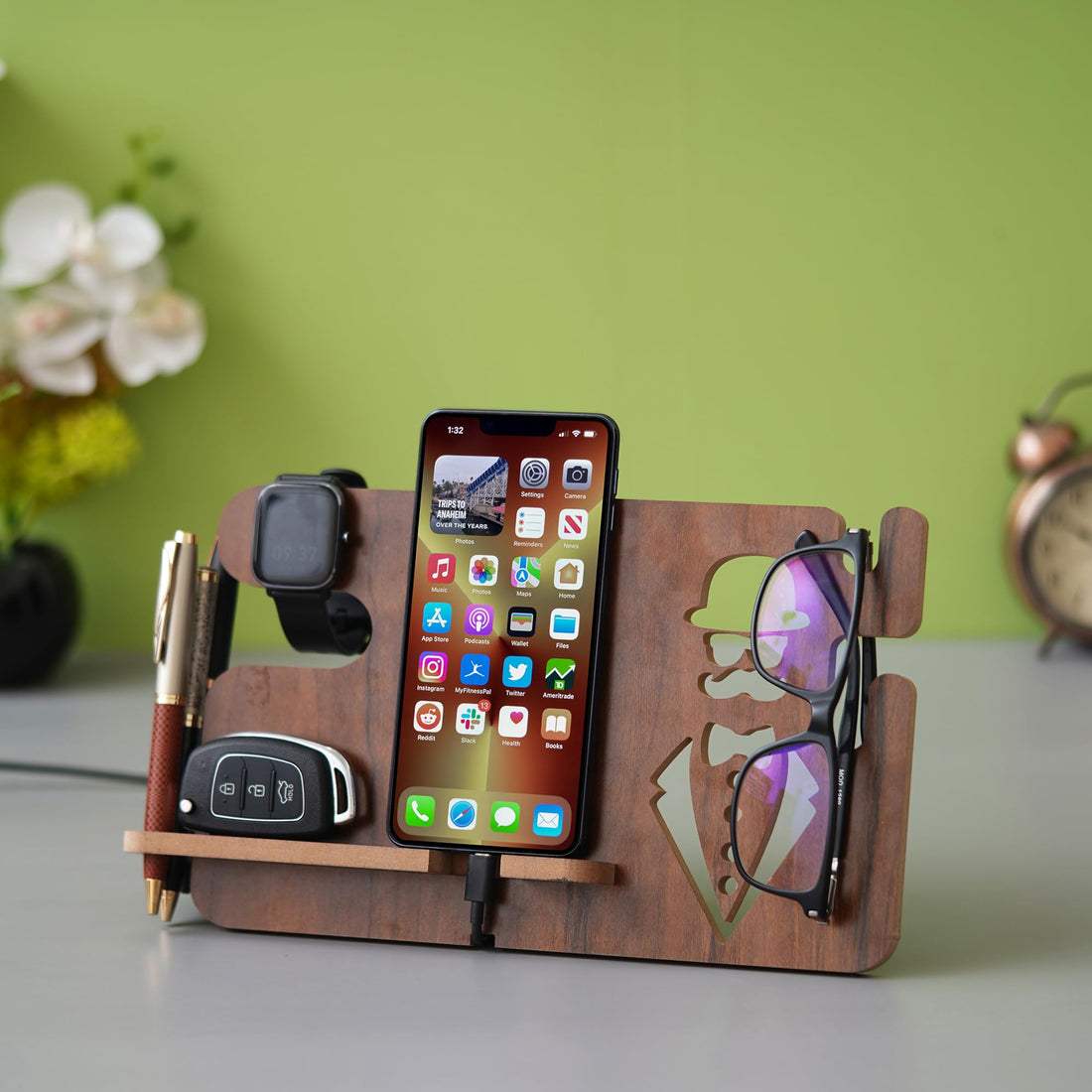 eCraftIndia Brown Wooden Multiutility Mobile, Watch, Specs, Key Holder Desk Organizer