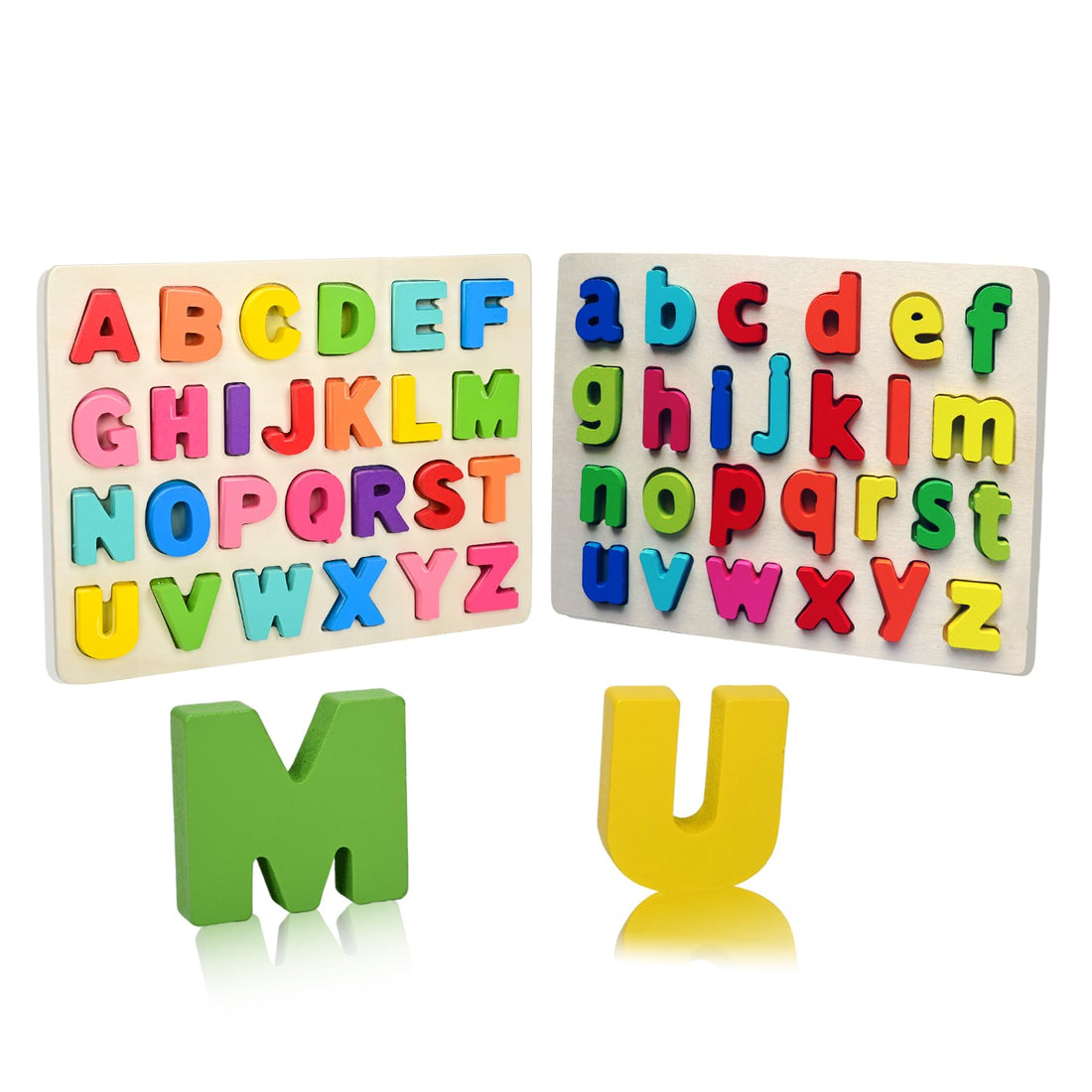 Pack of 2 Wooden Alphabet Puzzle ABC Letter Board Montessori Puzzle Blocks Early Learning Educational Toy Gift for 3 4 5 Year Old Toddler Children, Uppercase and Lowercase Letters