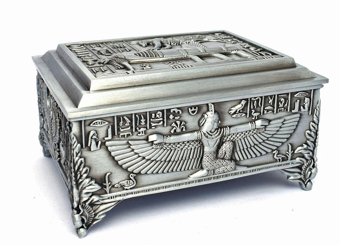 Immatgar Metalic Luxury Egyptian Pharaonic Jewelry Box from egypt Souvenir gifts for Women and Girls - Home Décor piece (Silver - 9.5 CM width)