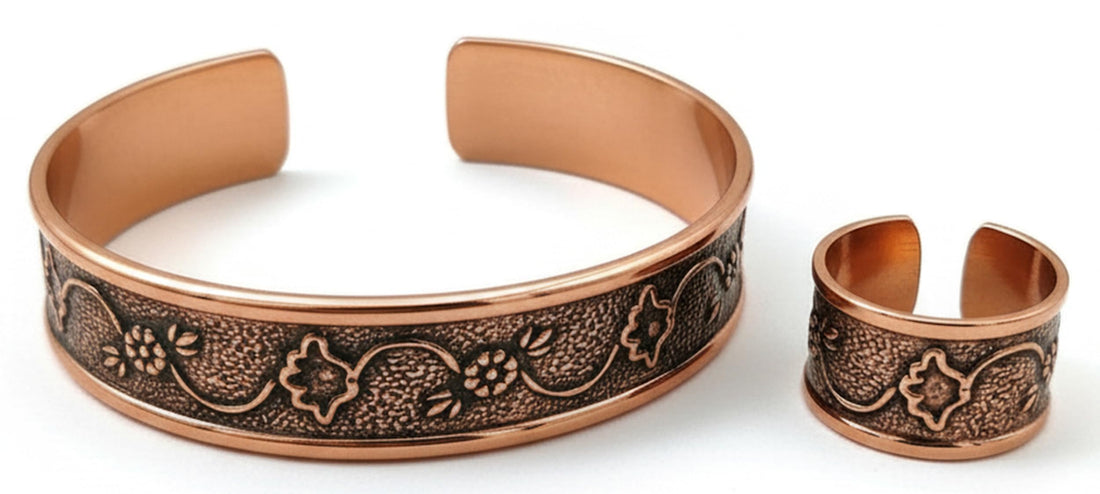 JustSalma Red Pure Copper Bracelet and Ring 2Pcs Set, Adjustable Handcrafted Flower Engraved Jewelry Set for Men & Women
