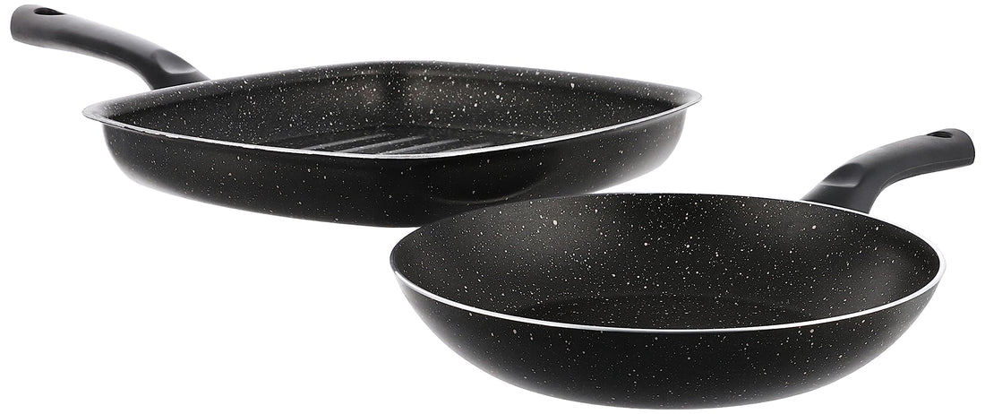 Lazord Granite Cooking Frying Pan And Grill Pan Set - 2 Pieces - Size 22, 27 Cm - Black