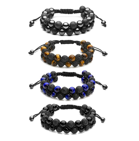 Jovivi 4pcs Hematite Beads Black Agate Lava Rock Stones Tiger Eye Bracelets for Men Double Layer Stress Relief Aromatherapy Essential Oil Diffuser Healing Lava Bracelet Adjustable, 8 5 inch, Stone, no