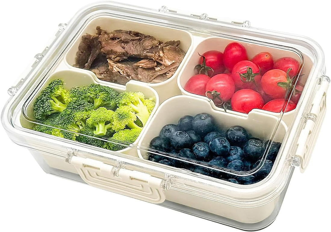Divided Serving Tray Snack Platter Container with Lid & Handle, 4 Compartments Portable Food Fresh-Keeping Storage Box Vegetable Organizer for Refrigerator Perfect for Party & Picnic (4 Compartments)