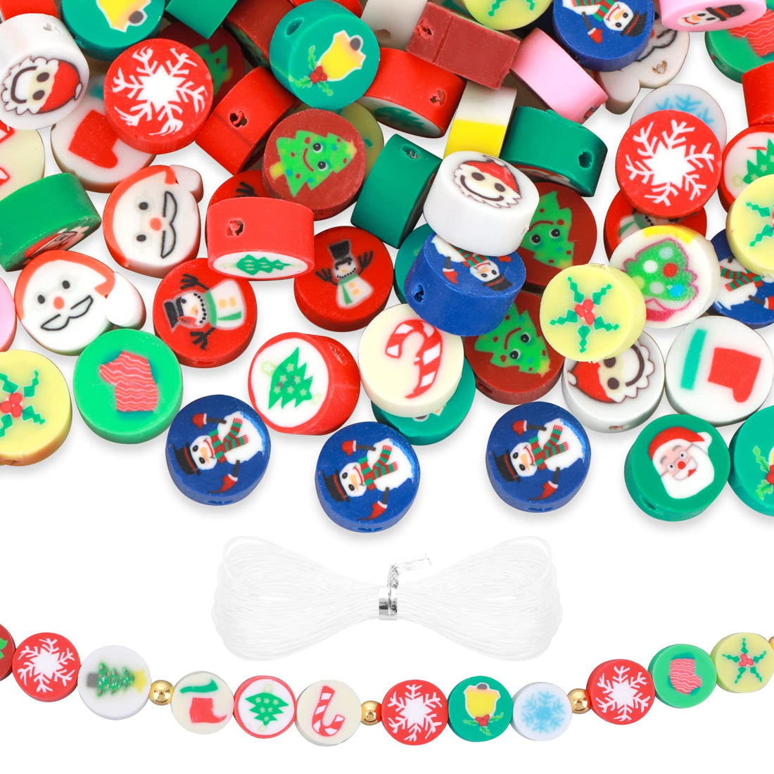 Abeillo 120Pcs Christmas Polymer Clay Beads Christmas Pattern Spacer Beads Flat Round Beads for DIY Bracelet Jewelry Making Supplies with Crystal String