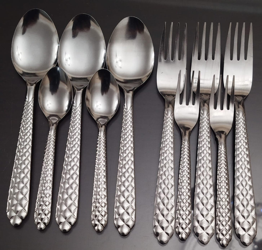 AMW 24 Count Stainless Steel Fork and Spoon Set (6 Serving Spoon, 6 Teaspoon, 6 Large Forks, 6 Mini Sweet Forks)