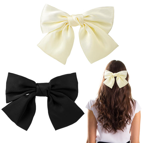 Hariendny 2PCS Satin Bow Hair Clip, French Solid Color Hair Bows, Vintage Soft Silky Short Bow Hairpin for Women Girls (White + Black)