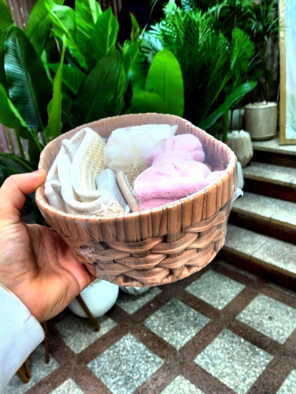 Generic Luxury Spa Bath Gift Set with Wooden Brush, Foot Stone, Loofahs, Hair Tie in Wicker Basket, Complete Shower and Body Care Collection.
